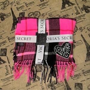 Victoria'S Secret Black Hot Pink Signature Plaid Heart Patch Scarf One Size
